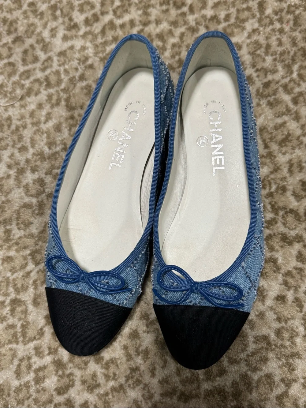 CHANEL Blue Denim and Black Cap-Toe Bow Flats